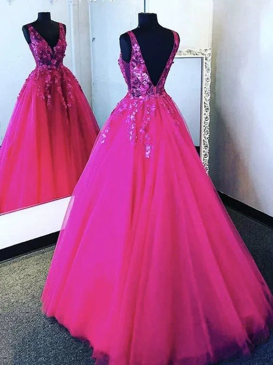 Vestidos de baile formais de renda em tule rosa choque com decote em V, costas descobertas e flores rosa choque S23094