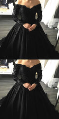 Black Lace Appliques Long Sleeves Ball Gowns Prom Dresses S14044