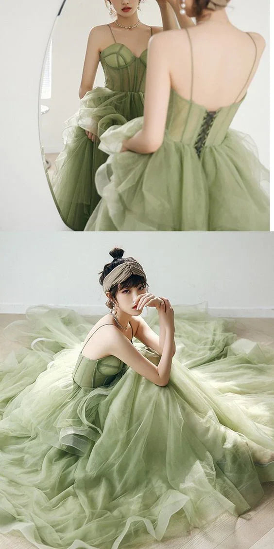 Vestido de baile de gala primavera verde-sálvia com alças S21224