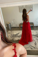Robe de bal longue en dentelle rouge avec tulle et col en V, robe de cérémonie en dentelle rouge, robe de soirée rouge Y217