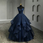 Navy Blue Quinceanera Dress With Ruffles And Spaghetti Straps Princess Gown