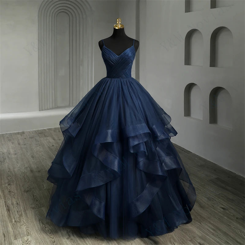 Navy Blue Quinceanera Dress With Ruffles And Spaghetti Straps Princess Gown