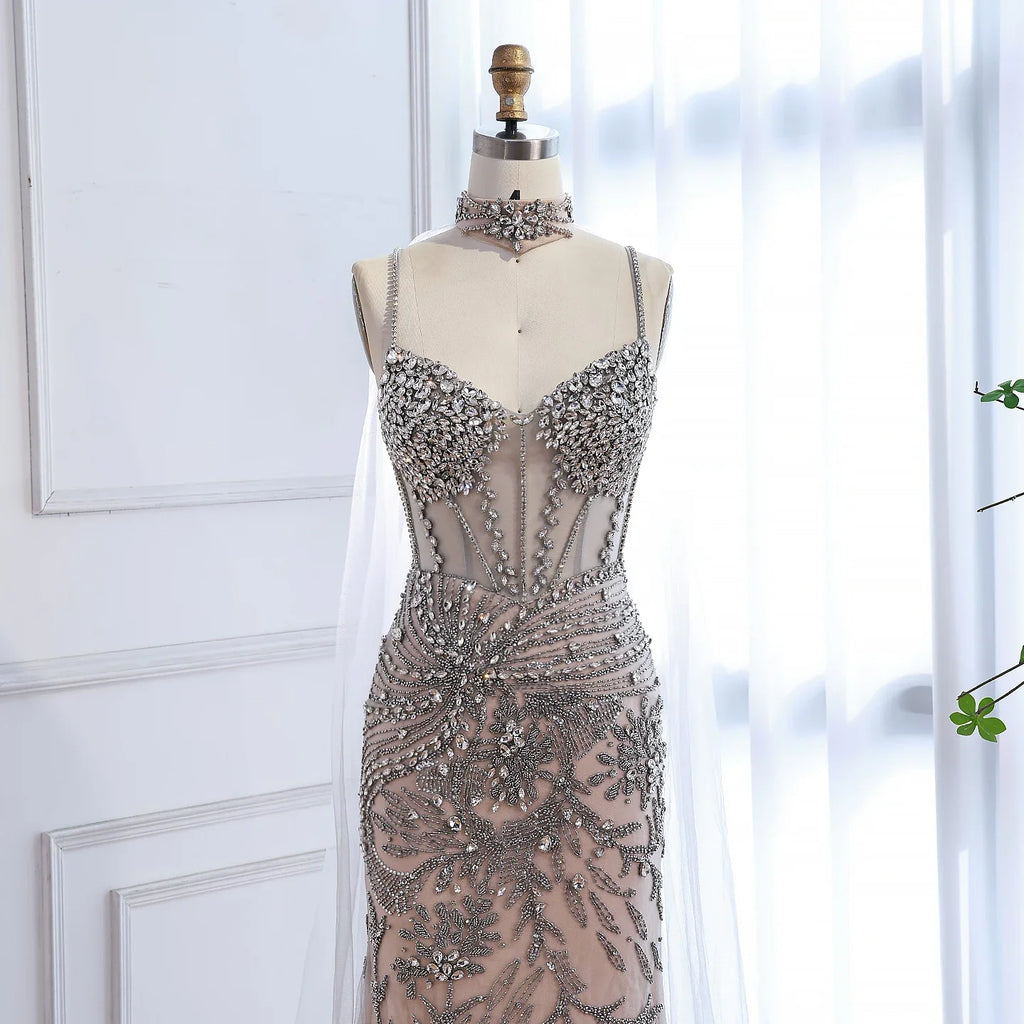 Robe de soirée de luxe grise perlée avec cape pour bal de promo LA73342