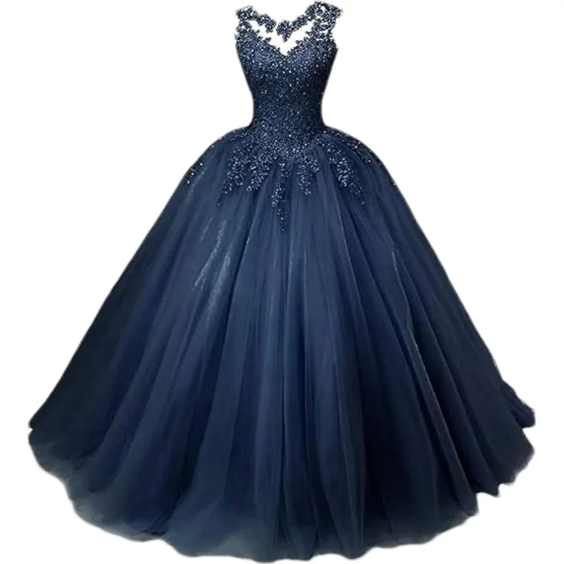 Customized Women's Beaded Lace Appliques Prom Dress Long Ball Gown Quinceanera Dresses Tulle Formal Sweet 16 Dress for T