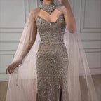 Luxury Sexy Split Evening Dress With Cape Nude LA73339