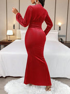 BWQ Women's Autumn & Winter Elegant And Gorgeous Solid Color Texture Fabric Velvet V-Neck Pleated Mermaid Dress For Part