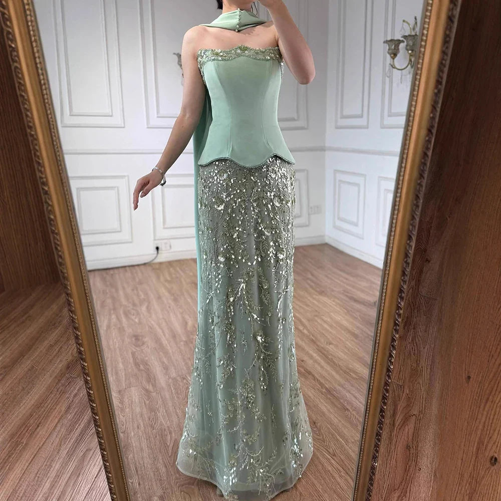 Robe de soirée sirène verte sauge luxueuse avec perles LA73050C