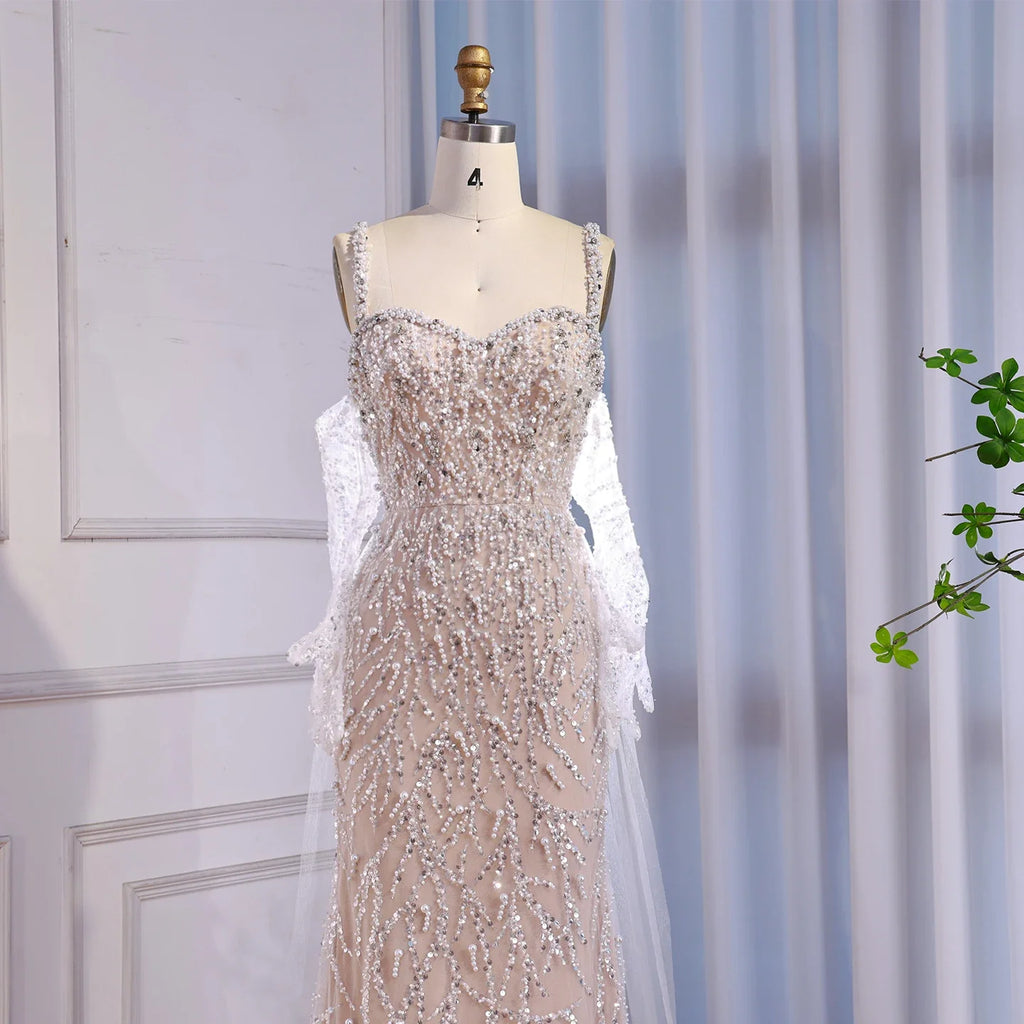 Abito da sera sirena in pizzo lussuoso con perle e guanto bianco nude LA72345E