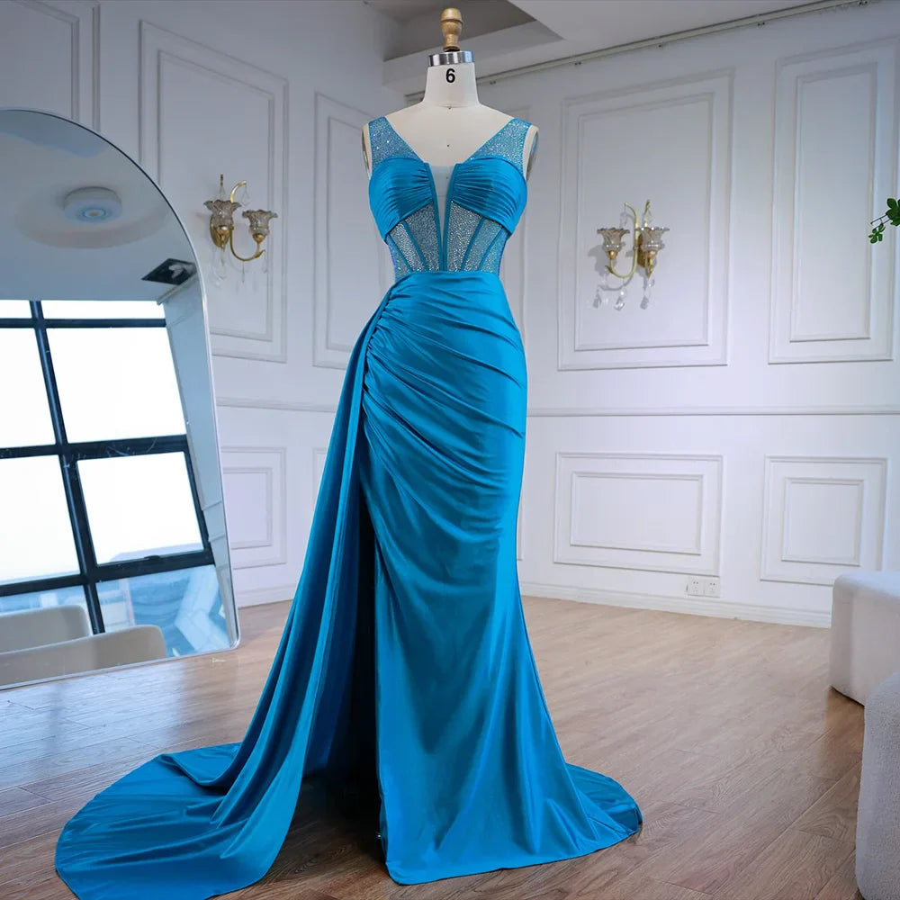 Blue Prom Dress with Side Overskirt Spaghetti Straps LA73011
