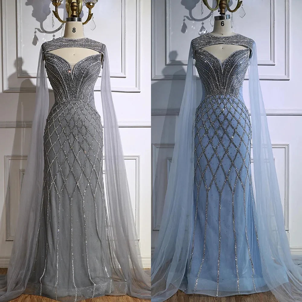 Luxuriöses hautfarbenes Perlenbesetztes Meerjungfrauen-Abendkleid mit Umhang LA72814