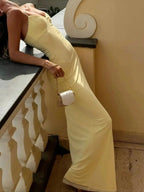 Women's Elegant Romantic Sunset Date Night Valentine's Day Sweet Fitted Lace Mesh Maxi Butter Yellow Dress