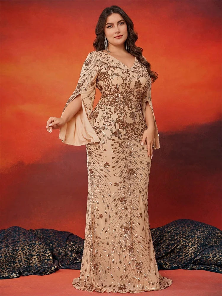 BLUEPLUM Plus Size Luxury Blue Evening Dresses Women 2025 Long Sleeve Mermaid Formal Sequins Prom Wedding Party Cocktail