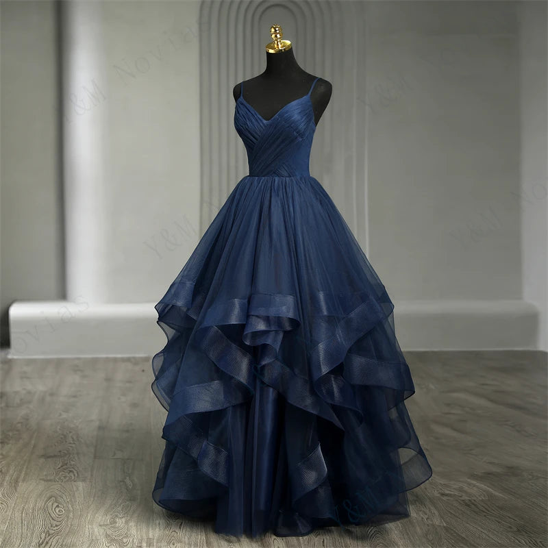 Navy Blue Quinceanera Dress With Ruffles And Spaghetti Straps Princess Gown