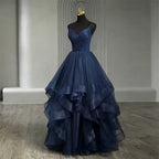 Navy Blue Quinceanera Dress With Ruffles And Spaghetti Straps Princess Gown