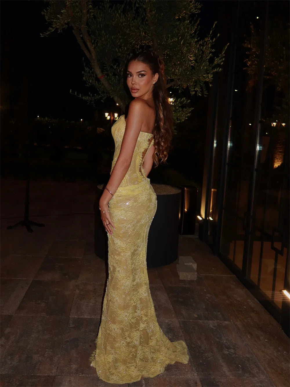 Cathy Customized Yellow Mermaid Lace Embroidery Prom Dresses Sequins Sleeveless vestidos de noiva Side High Split Formal