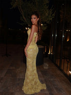Cathy Customized Yellow Mermaid Lace Embroidery Prom Dresses Sequins Sleeveless vestidos de noiva Side High Split Formal