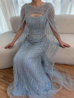 Robe de soirée luxueuse diamant bleu avec cape LA73426