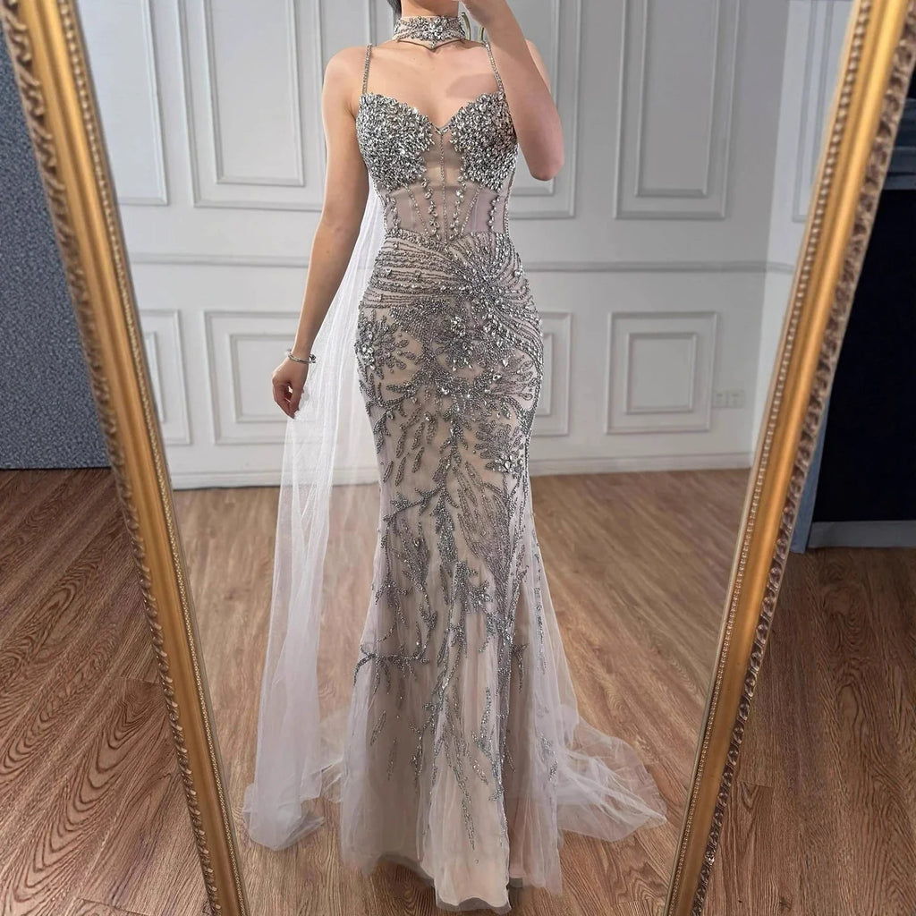 Robe de soirée de luxe grise perlée avec cape pour bal de promo LA73342