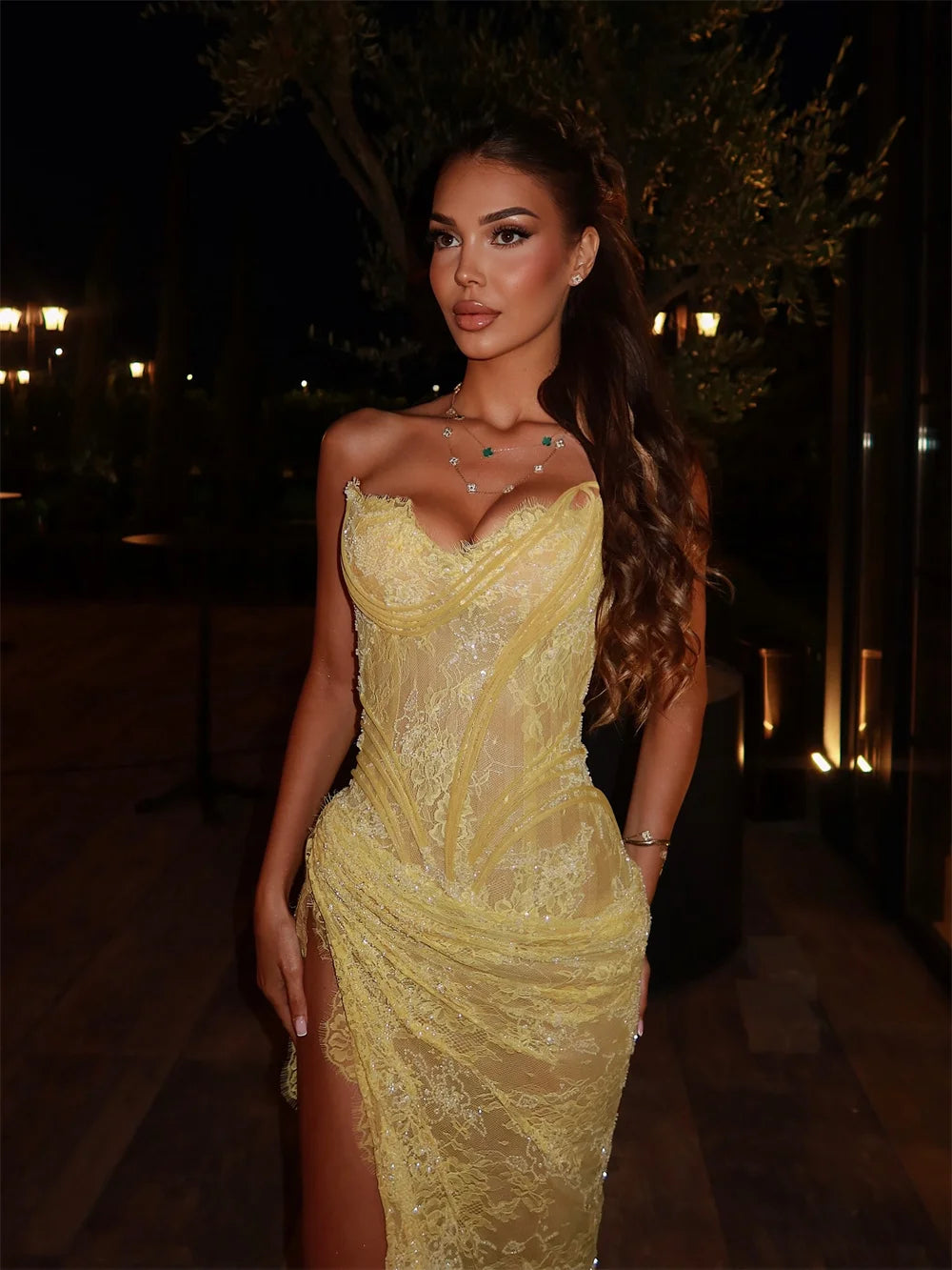 Cathy Customized Yellow Mermaid Lace Embroidery Prom Dresses Sequins Sleeveless vestidos de noiva Side High Split Formal