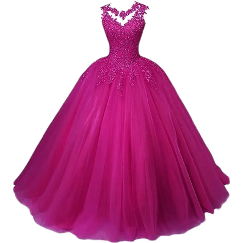 Customized Women's Beaded Lace Appliques Prom Dress Long Ball Gown Quinceanera Dresses Tulle Formal Sweet 16 Dress for T