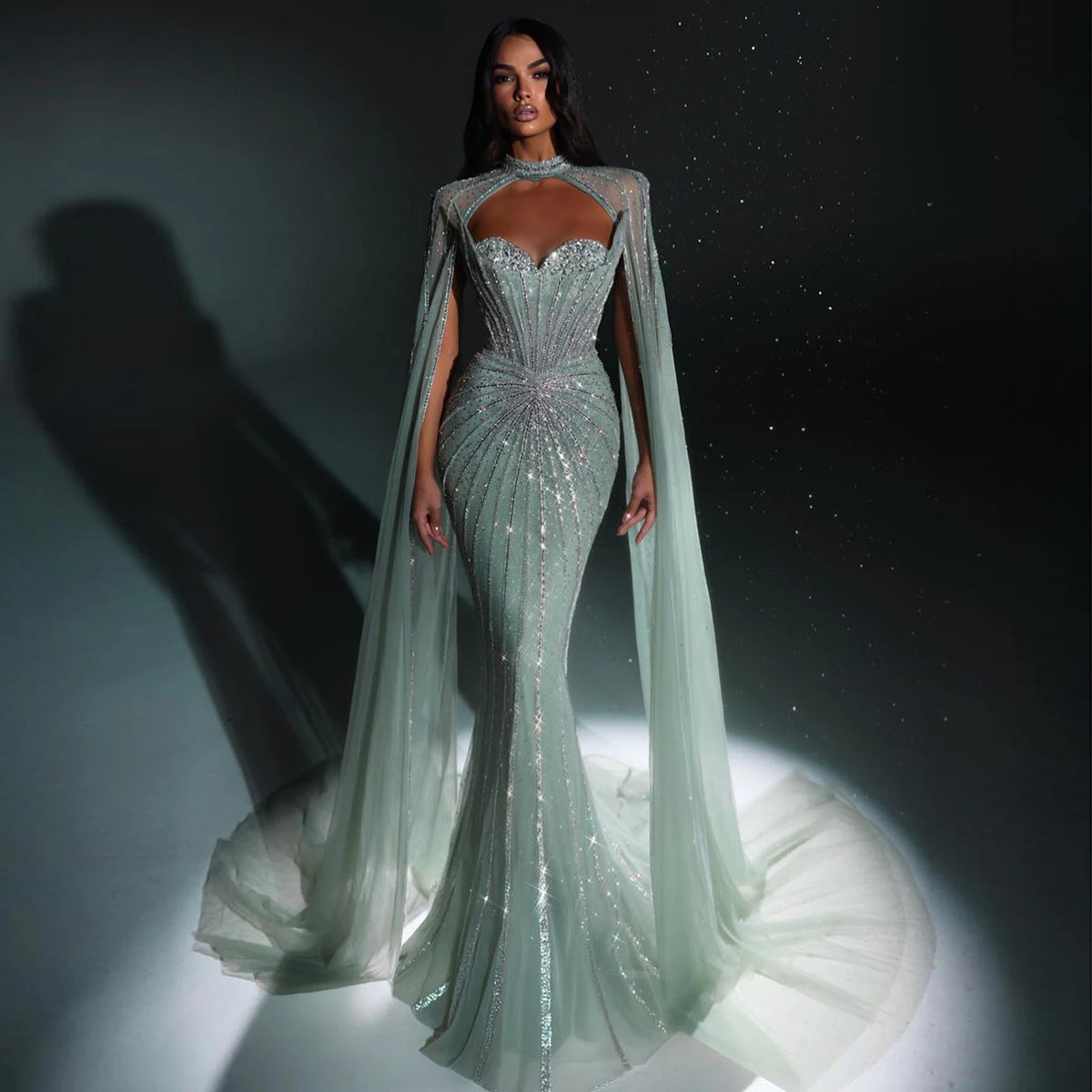 Sharon disse luxo cristal sage verde vestido de noite com mangas capa longo rosa para mulheres vestidos de festa de casamento ss156 personalizado