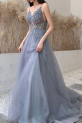 vestido comprido azul poeirento para baile com alças finas e corpete bordado vestido de noite S7915