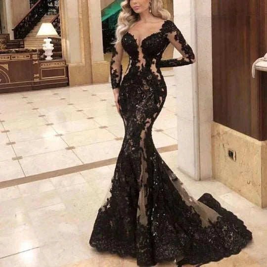 vestidos modestos negros de fiesta con mangas largas, aplicaciones de encaje, vestido de noche elegante, vestidos formales S11019
