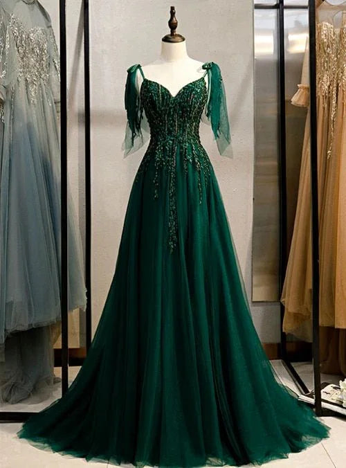 Vestido de Baile Esmeralda com Alças Finas, Decote em V, Modelo S11037