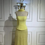 Abito da sera sirena in chiffon giallo lusso con mantella LA73007