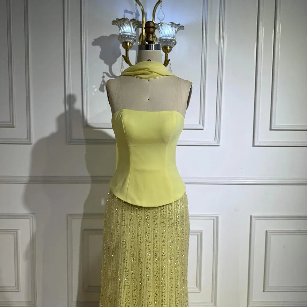 Abito da sera sirena in chiffon giallo lusso con mantella LA73007