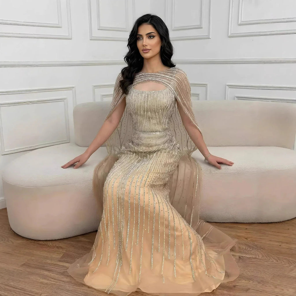 Robe de soirée luxueuse diamant bleu avec cape LA73426