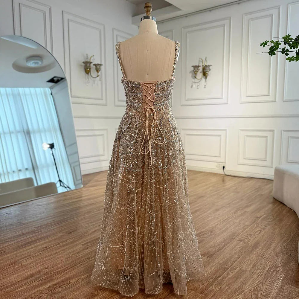Vestido de Noite de Linha A em Nude de Luxo com Pérolas e Cristais LA72983A