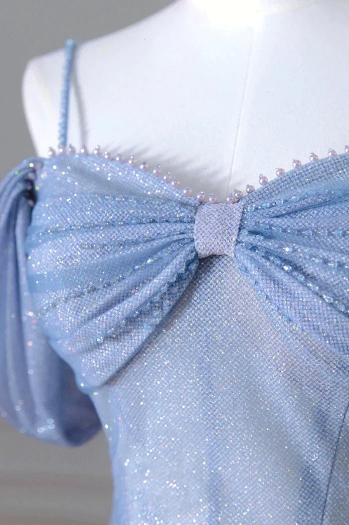 Blue Spaghetti Strap Tulle Long Prom Dress Beautiful A-Line Evening Dress Y4592