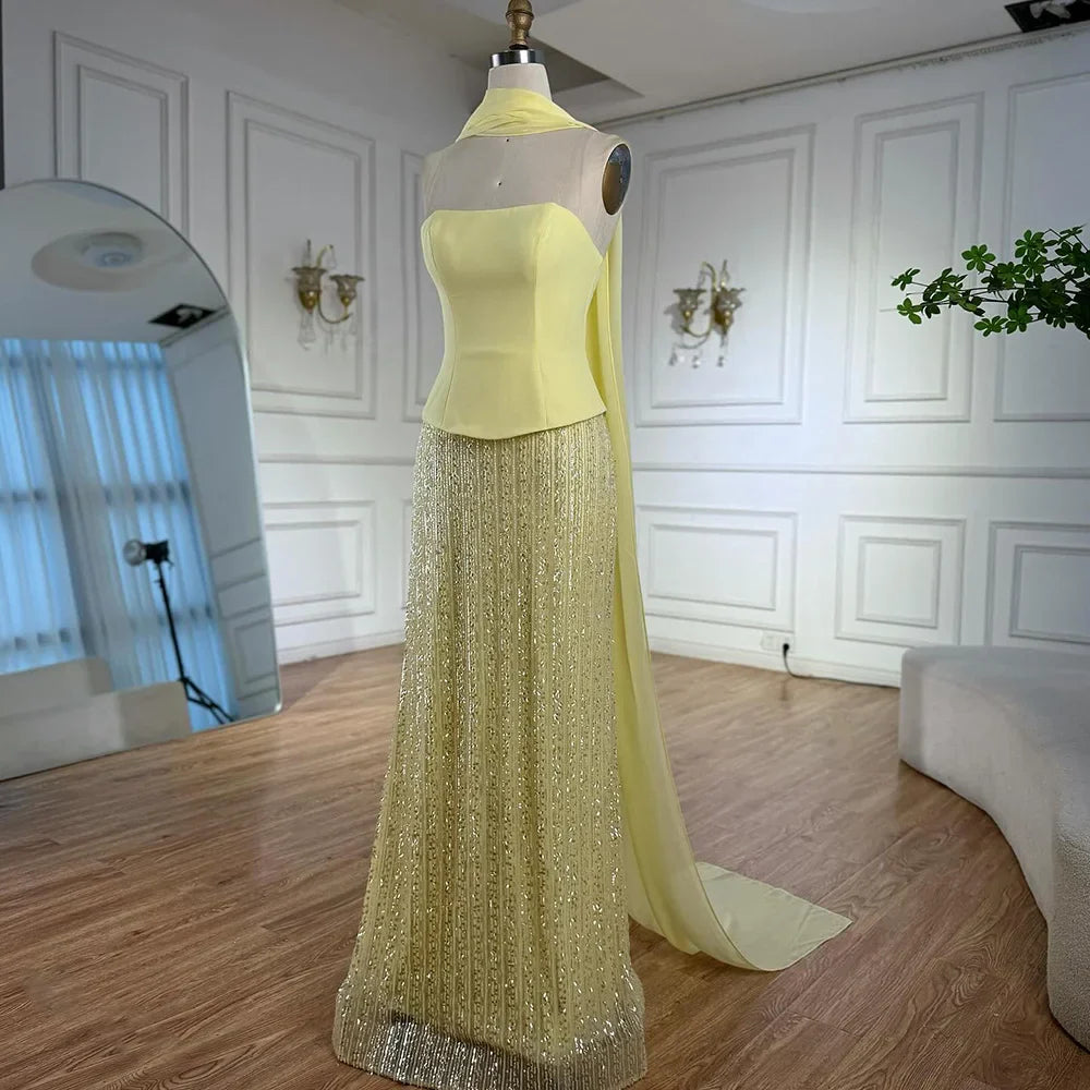 Abito da sera sirena in chiffon giallo lusso con mantella LA73007