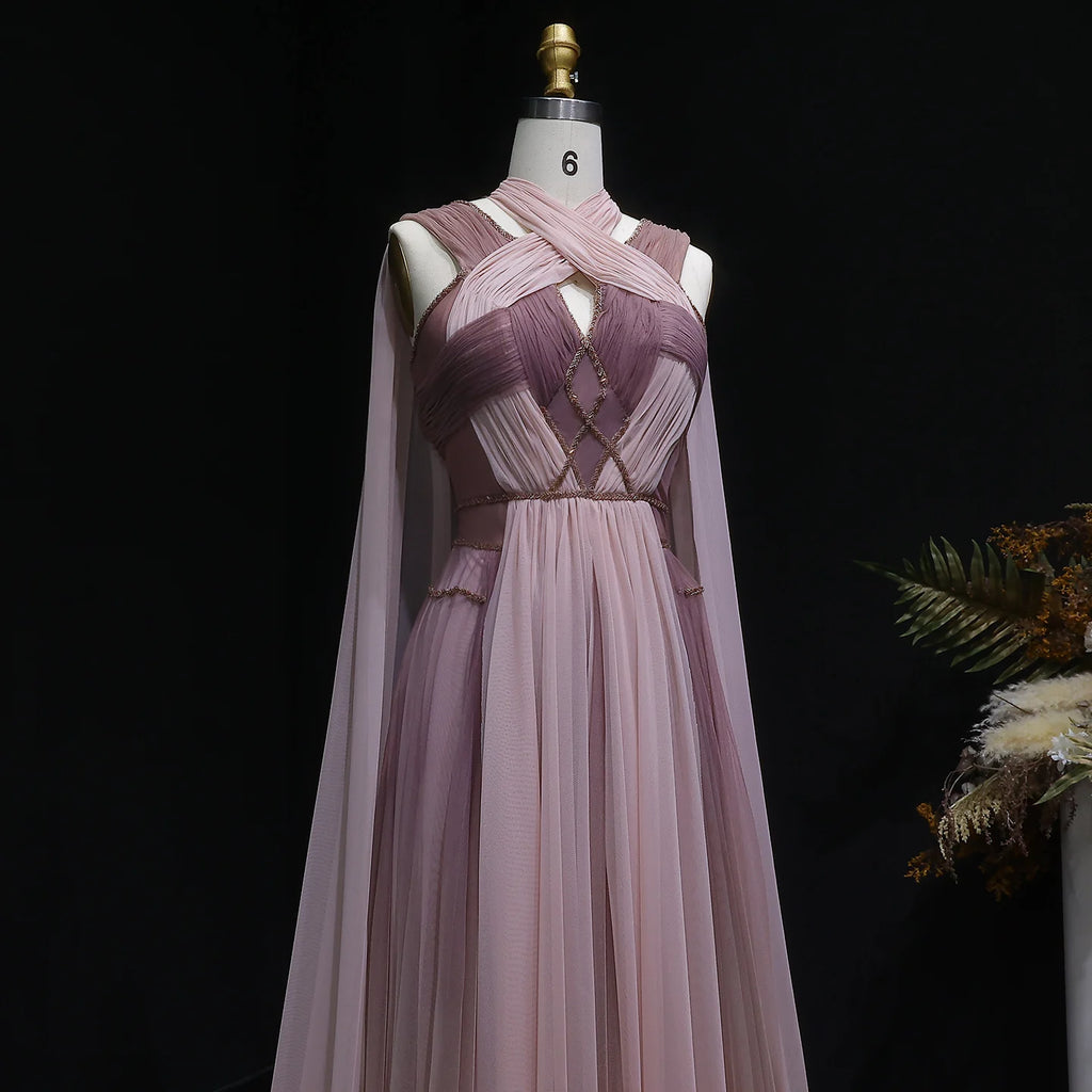 Sharon disse ombre rosa elegante vestido de noite com manga capa criss cross halter sem costas vestidos de festa femininos ss309 personalizado
