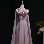 Sharon disse ombre rosa elegante vestido de noite com manga capa criss cross halter sem costas vestidos de festa femininos ss309 personalizado