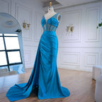 Blue Prom Dress with Side Overskirt Spaghetti Straps LA73011
