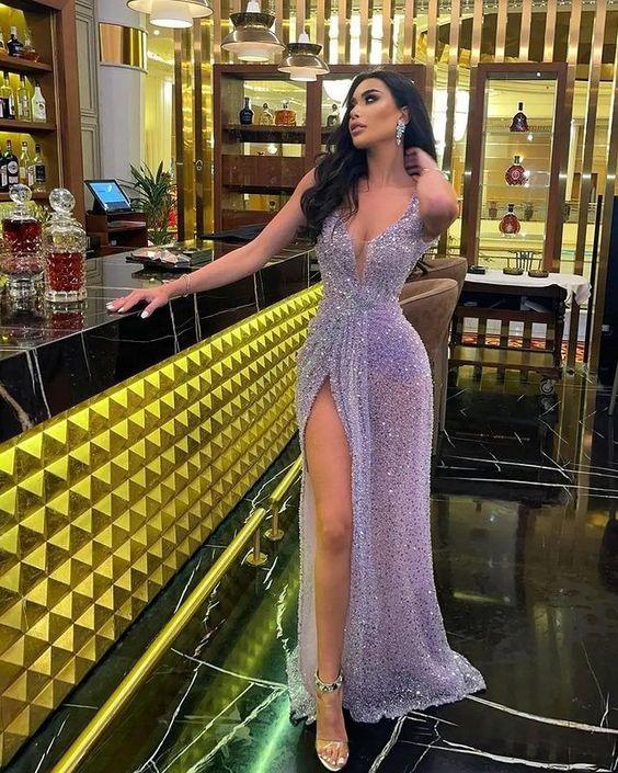 Robe de soirée longue à paillettes avec décolleté en V plongeant Robe de bal sexy Y47