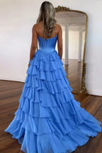 Cathy Strapless Tiered Ruffles A-line Prom Dress A-line Side Split vestidos de noiva Customized Zip Back Chiffon Evening