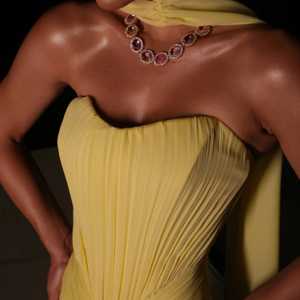 Customized Yellow Strapless Pleated Ruched Bodice Cape Elegant Fitted Flowy Maxi Skirt Party Dresses robes de soirée 202