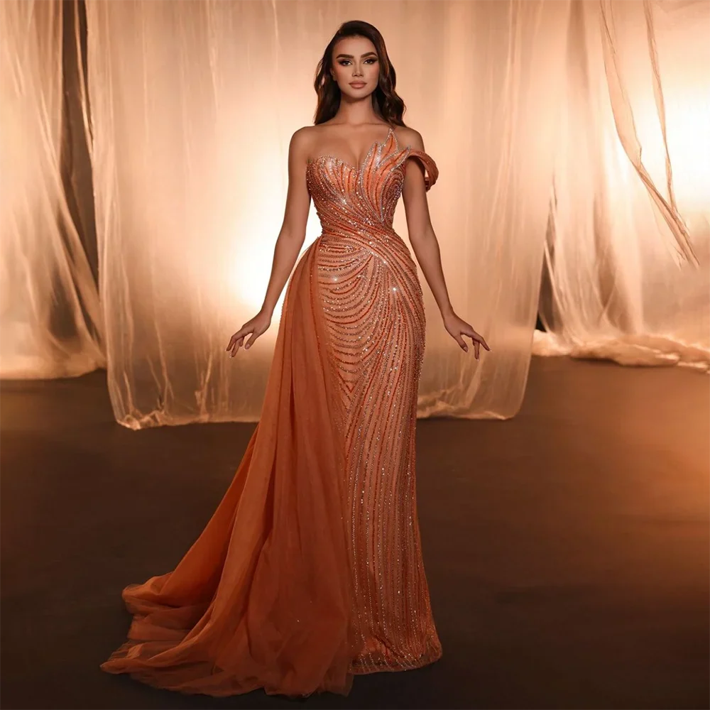 Arabic Blue One Shoulder Evening Gown With Side Overskirt Beaded Dress For Women Party Luxury Dubai LA72662