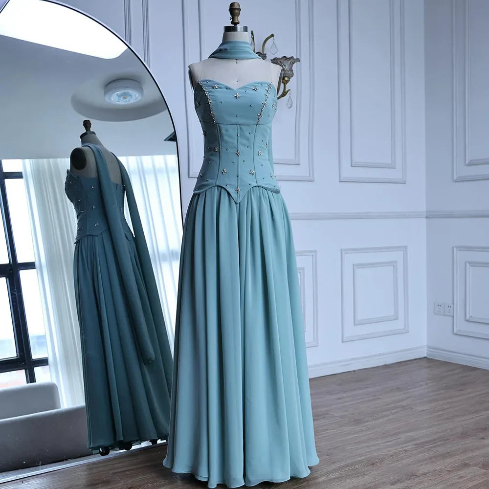 Classy Sage Green A-Line Chiffon Evening Dress LA73073