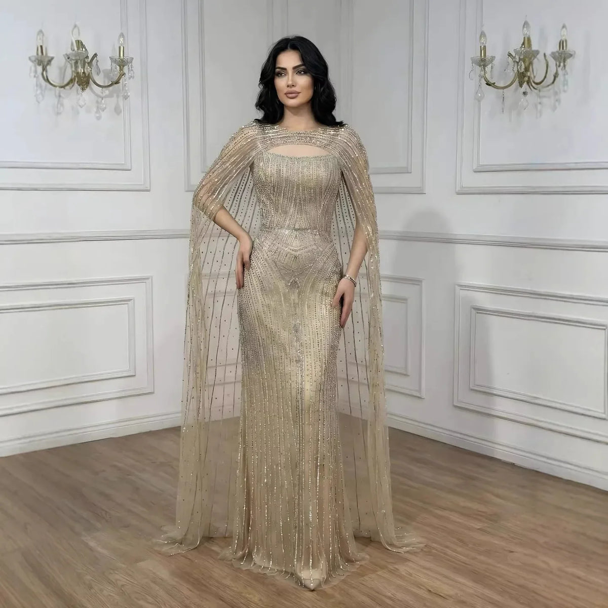 Robe de soirée luxueuse diamant bleu avec cape LA73426