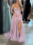 Damen Abendkleid mit Spaghettiträgern, glitzerndem Tüll, Schlitz, Wasserfallausschnitt, lang, festlich für Abendveranstaltungen