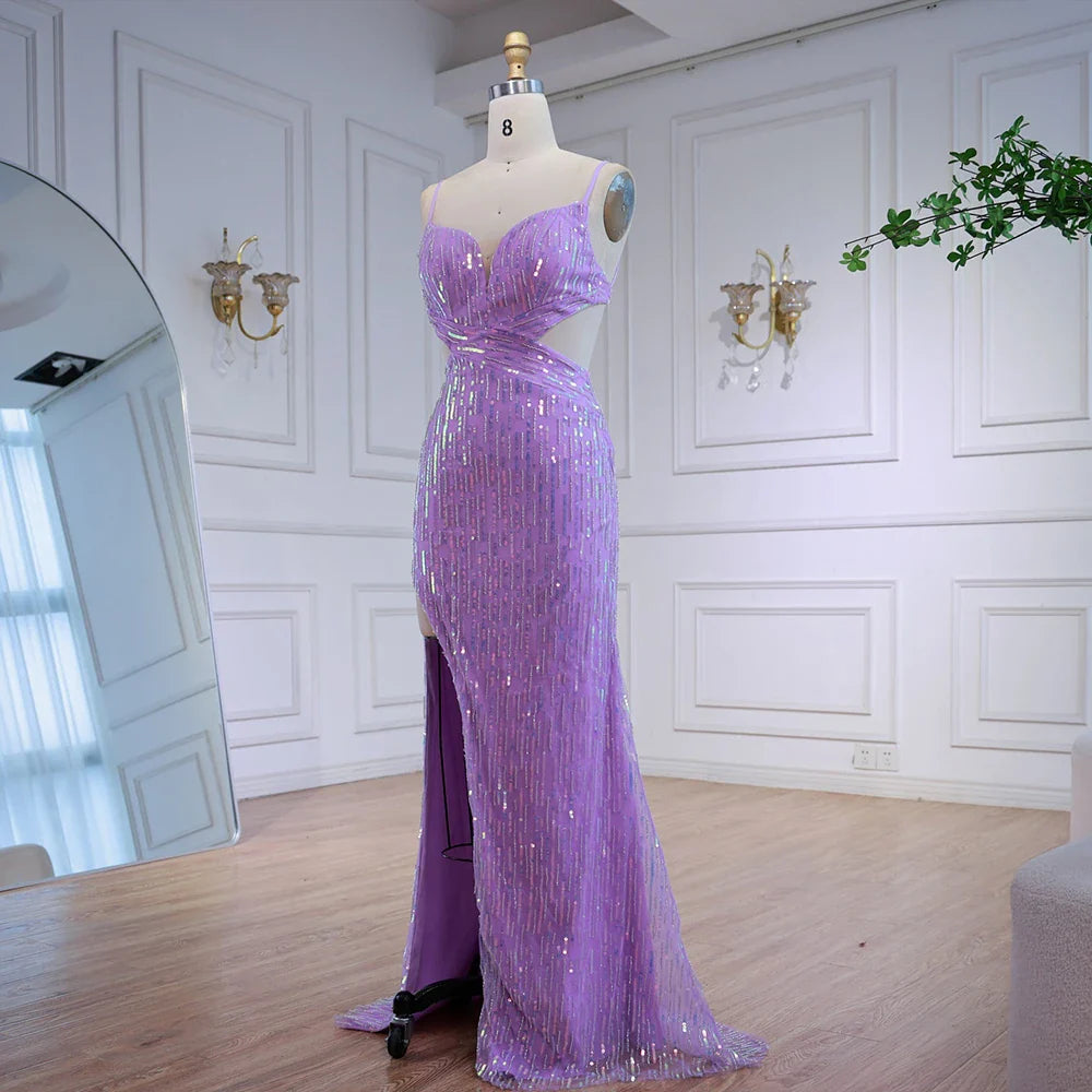 Robe de bal de luxe à paillettes violettes avec fente et taille découpée LA73000