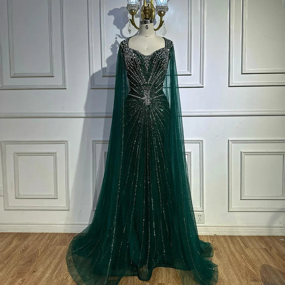Vestido de Noite de Luxo de Dubai com Manguitos Tipo Capa Nude e Aplicações de Missangas LA72575A