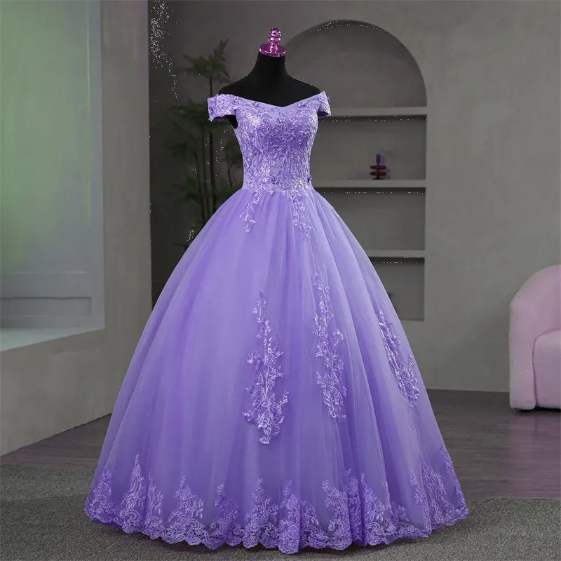 Fora do ombro roxo quinceanera vestidos doce flor vestido de festa luxo apliques vestido de baile foto real vestido de baile boho