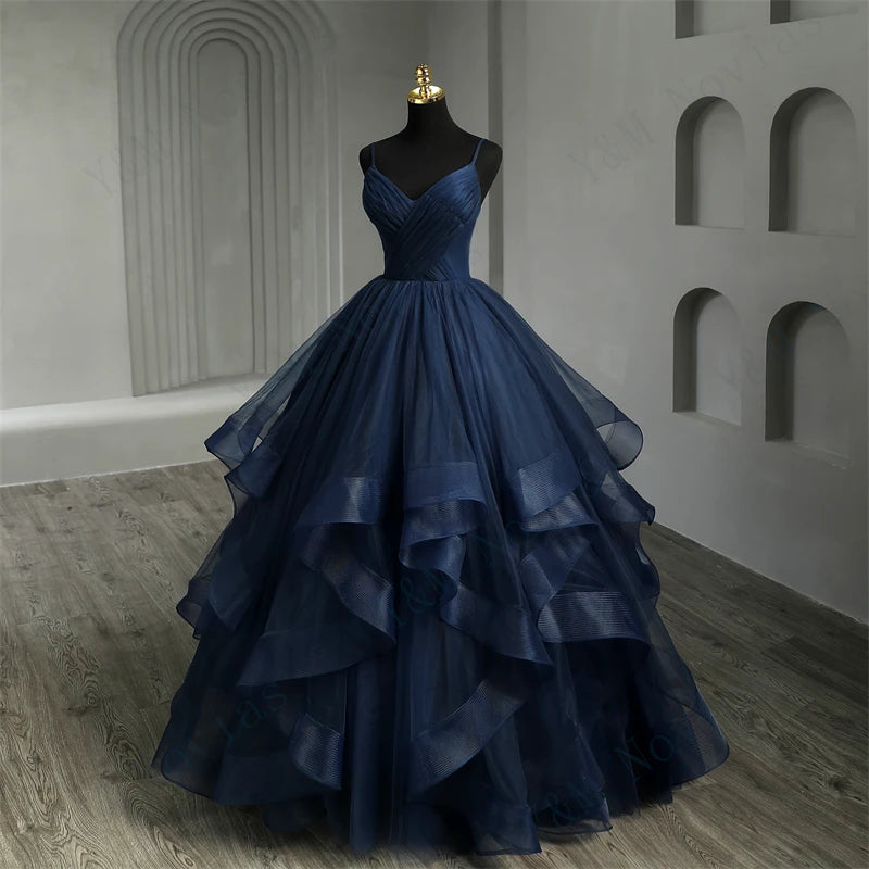 Navy Blue Quinceanera Dress With Ruffles And Spaghetti Straps Princess Gown