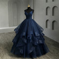 Navy Blue Quinceanera Dress With Ruffles And Spaghetti Straps Princess Gown