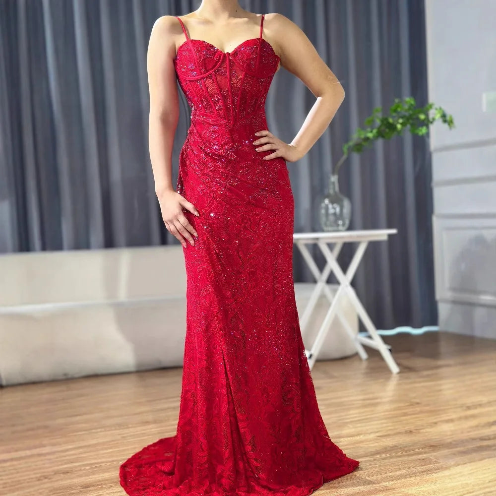 Elegante abito da ballo rosso con spacco LA72998